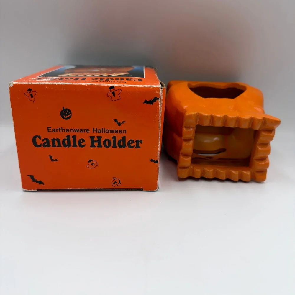 Vintage 1993 Four Star Earthenware Halloween Candle Holder Orange Jack O Lantern